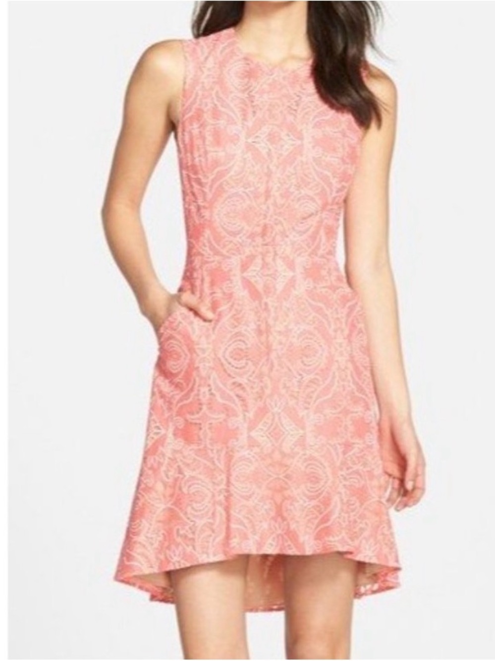 BCBGMaxAzria Chrystal Burnout Coral Lace Flounce Dress